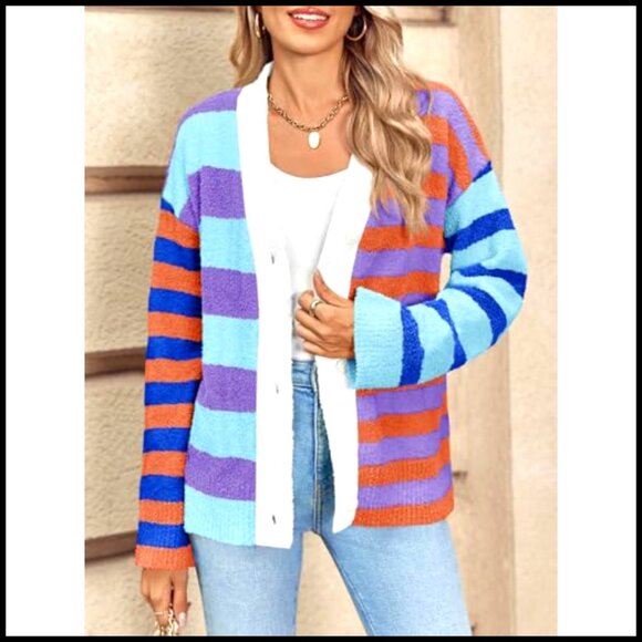 V-Neck Open Front Cardigan, Fuzzy Knit, Loose Fit, Long Sleeve, Button Up - Picture 4 of 7